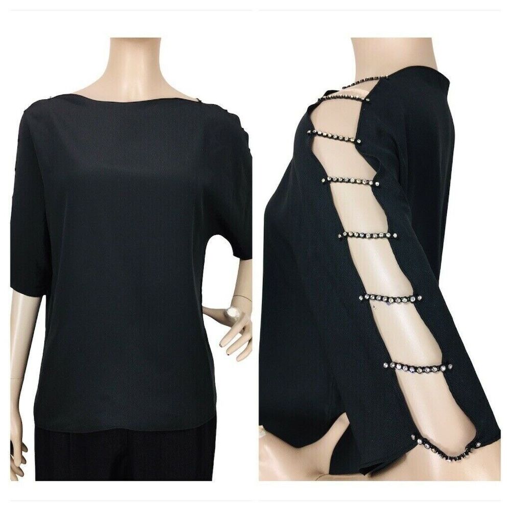 VTG 70s Philippe Marquez Black Cut-out Rhinestone Strips Sleeve Blouse
